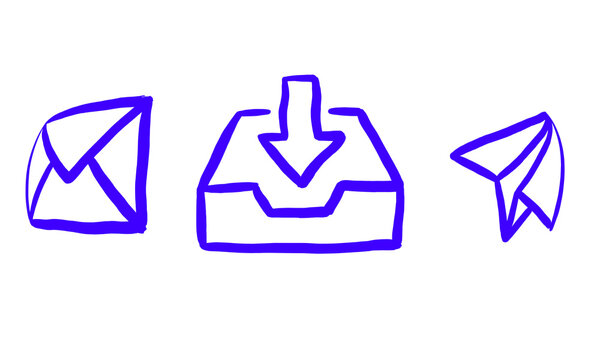 Handwritten blue marker icons of a closed envelope an incoming mail tray and a paper airplane with envelope airplane download communication business correspondence illustration creative