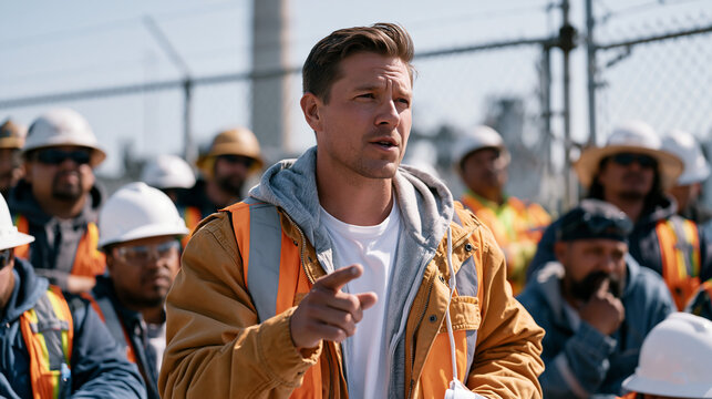 Labor union organizer addressing crowd of manufacturing workers gathered outside factory gates on Labor Day, hard hats and safety vests prominent in crowd, industrial smokestack and chain-link perim