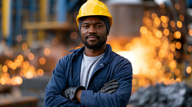 Labor Day steel worker portrait in full protective face shield and leather gloves at smelting furnace in industrial foundry, sparks visible in background, single professional standing in confident s