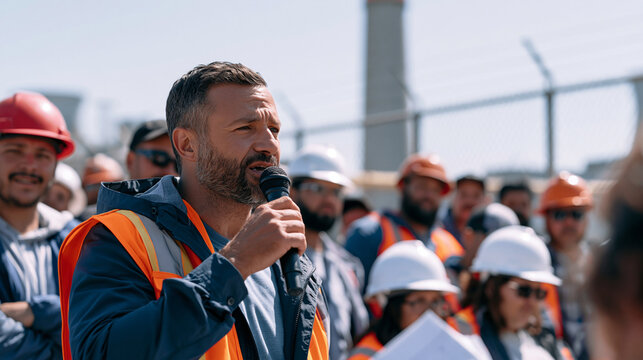 Labor union organizer addressing crowd of manufacturing workers gathered outside factory gates on Labor Day, hard hats and safety vests prominent in crowd, industrial smokestack and chain-link perim