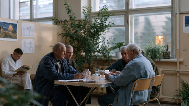 Psychiatric ward common room mid-afternoon, patients in casual clothes playing cards at a folding table while a staff member reads nearby, industrial windows filtering flat daylight, institutional w