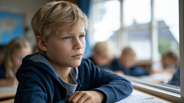 Twelve-year-old sits alone at a classroom desk surrounded by students working on basic arithmetic, staring out the window with an expression mixing acute boredom and quiet frustration, a gifted chil