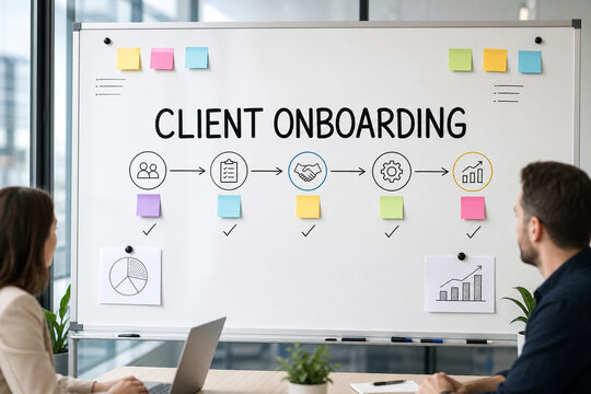 Business team reviewing a client onboarding process diagram on a whiteboard with sticky notes, charts, icons, and workflow arrows in a modern office.
