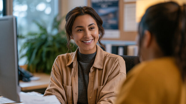 University financial aid advisor meets with first-generation college student in campus office surrounded by scholarship paperwork, higher education access, student financial planning, college afford
