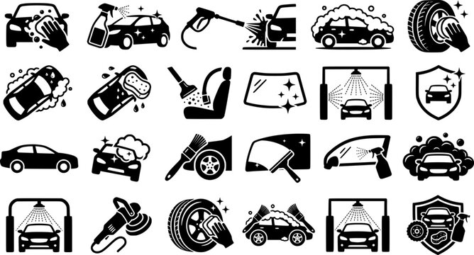 Car Wash and Auto Detailing Icons Set Vector Illustration, Vehicle Cleaning Service, Pressure Washing, Waxing and Polishing Symbols