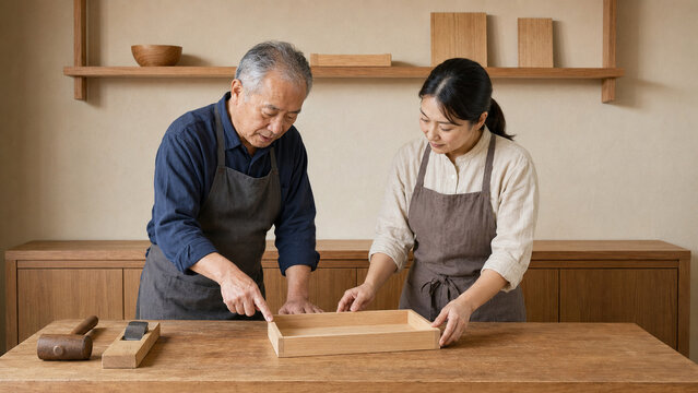 Japanese Woodworking Business Owner and Successor Inspecting Wooden Tray