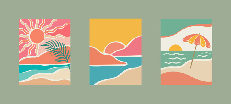 Boho Beach Sunset Posters Set. Minimalist Tropical Ocean Landscape Art. Summer Vacation Collection.