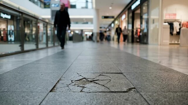 Virtual replica of a shopping mall error inspection focusing on a cracked floor tile while the rest of the corridor remains out of focus.