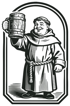 Vector engraving illustration of a happy smiling monk holding a large wooden beer mug. Vintage monochrome graphic art inside a decorative border.