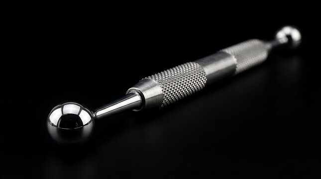  Double-ended stainless steel dental ball burnisher tool with a knurled grip for composite resin shaping and amalgam restoration procedures in restorative dentistry for high-quality patient care...