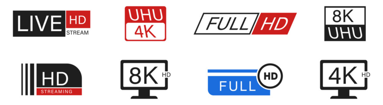 Set of streaming resolution and live broadcast icons. Full HD, 4K, and 8K video quality symbols.