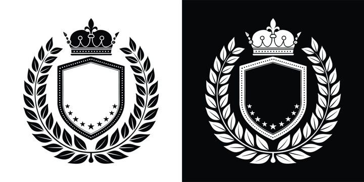 Elegant royal crest shield with laurel wreath and ornate gold crown