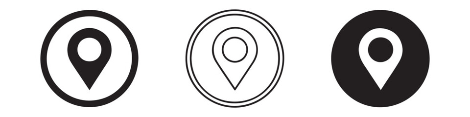 Modern map pin location marker icons in circle frames for navigation systems and geographic tracking. © MSTALIMA
