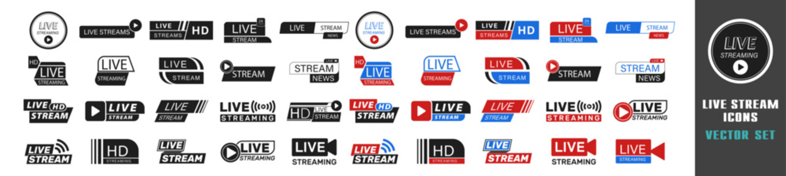 Live stream icon set with various red, blue, and black labels. Vector badge and button collection for broadcast and media.