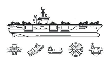 Line drawing of a large warship with various smaller naval vessel icons below on a white background. © Dhiyak Boneto