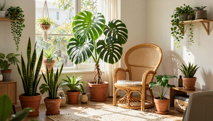 Fototapeta premium Boho Living Room with Monstera and Lush Urban Jungle Decor