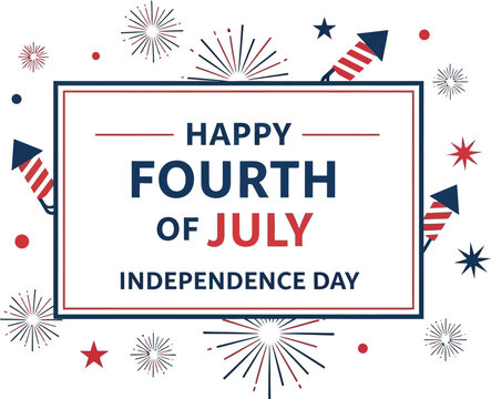 Fourth of July greeting card features a central text box surrounded by playful rocket illustrations.