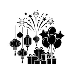 Lunar new year celebration icon with lanterns and present boxes, lanterns © eee