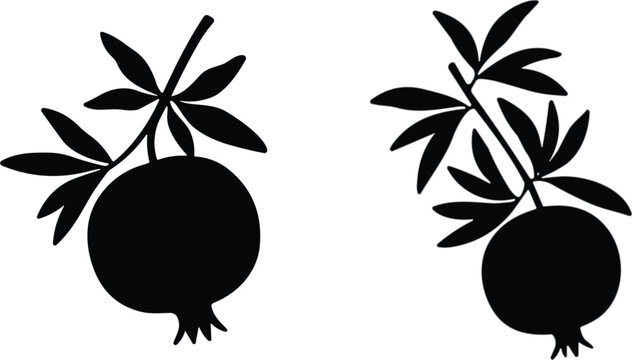 Black silhouette vector illustration of pomegranate fruit with stems and leaves, showing rounded body and crown details