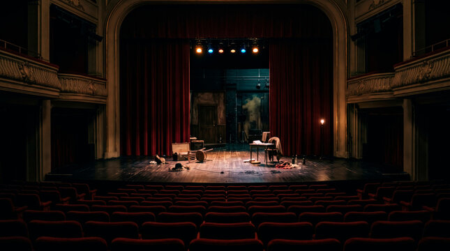 An Eerie Empty Stage: A darkened theatre stage sits empty, set for a play yet devoid of actors, with props scattered and red velvet curtains drawn, creating an atmosphere of suspense and anticipation.