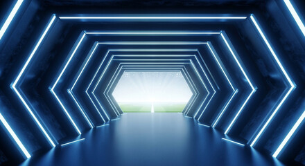 Obraz premium Futuristic blue hexagonal tunnel leading to a sports field