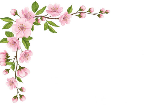 Delicate pink flowers corner border design isolated on white background