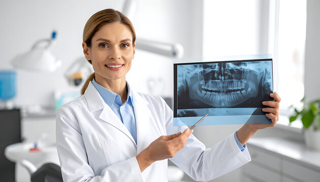 Dentist holding dental x-ray scan showing teeth, pointing with pen, dental clinic background, healthcare concept