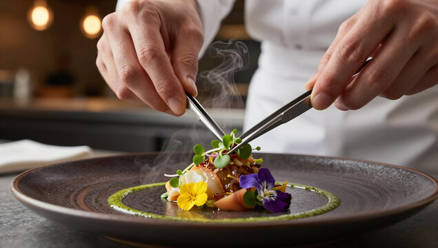 Gourmet Chef Plating Fine Dining Dish with Precision