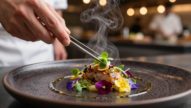 Gourmet Chef Plating Fine Dining Dish with Precision