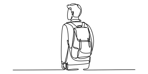 Continuous single line drawing of a man with a backpack standing and looking forward in a simple minimalist style © Kanu Art_Gallery