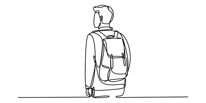 Continuous single line drawing of a man with a backpack standing and looking forward in a simple minimalist style