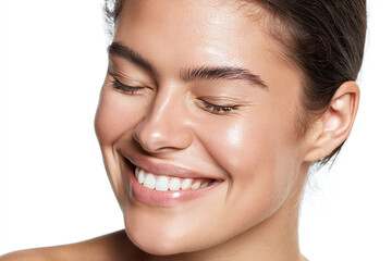 Obraz premium Radiant youthful skin close up portrait smiling woman with healthy complexion and eyes closed, natural makeup and glowing cheek highlight