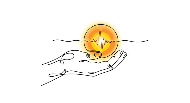 Minimalist line art shows a hand holding a glowing orb of solar energy, symbolizing light and power.