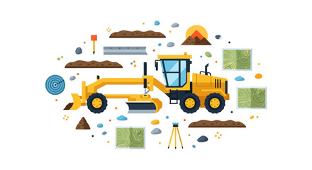 Fototapeta premium Yellow Motor Grader Vector Illustration for Civil Engineering, Road Construction and Land Leveling Projects