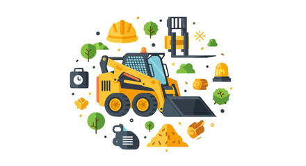 Fototapeta premium Yellow Skid Steer Loader Flat Vector Illustration with Construction, Landscaping, and Forestry Icons
