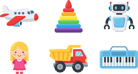 Naklejka premium Playful Toy Collection Set with Airplane, Pyramid Stacker, Robot, Dump Truck, Girl, and Musical Keyboard for Kids’ Educational Graphics