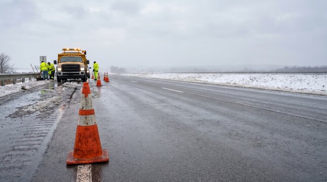 Highway maintenance crew working on snowy road shoulder with service truck and traffic cones during winter season for infrastructure repair and safety concept