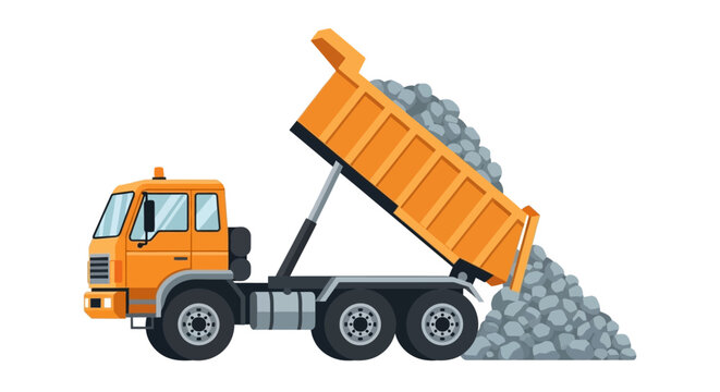 Orange Tipper Dump Truck Unloading Gravel Vector Illustration Isolated on White Background