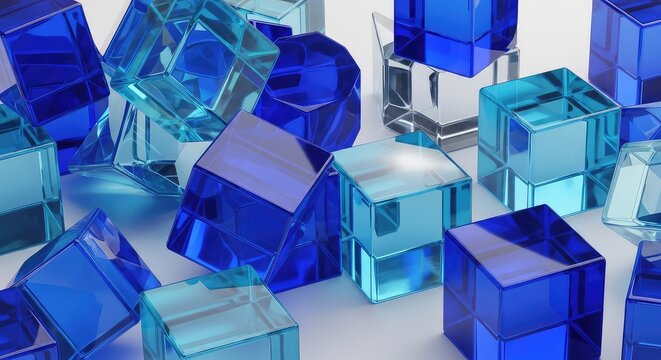 Elegant crystalline blue blocks dispersed in a chaotic pattern, showcasing light refraction and clear geometric forms in a bright setting, 3d, light, random