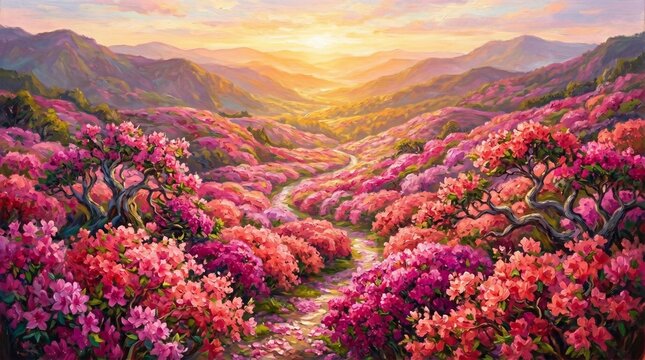 Impressionist Oil Painting of Mountain Valley Covered in Blooming Lupine Flowers