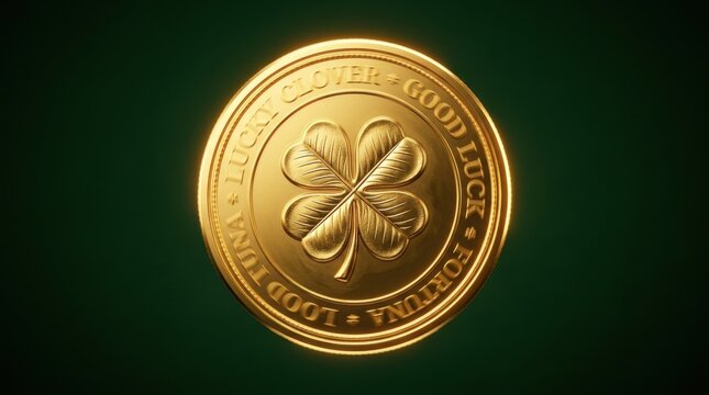 Shining Golden Coin with Detailed Four-Leaf Clover on Dark Green Background, Embodying Good Fortune, Prosperity, and Luck for St. Patrick's Day and Success Concepts
