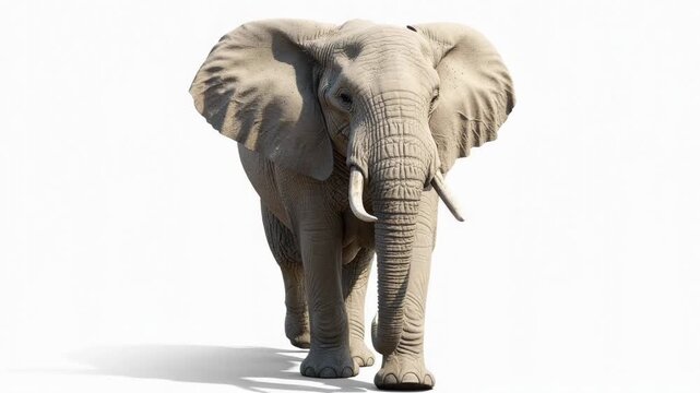 Majestic African elephant walking forward isolated on white background with detailed skin texture and tusks