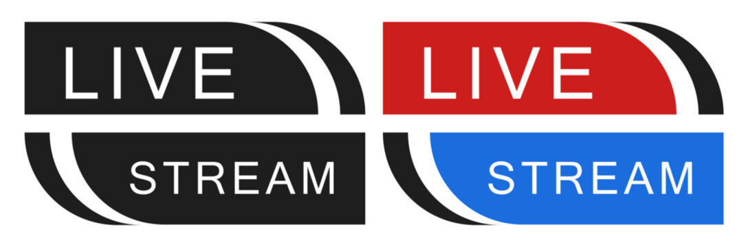 Live stream icon set with red and blue button shapes for media broadcast on transparent background