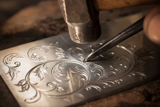 Chasing hammer and chisel creating vine patterns on polished silver sheet.