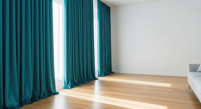 Elegantes cortinas largas que caen hasta el suelo en una sala de estar moderna, iluminada por luz natural que entra por la ventana grande, atmosphere, home, neutral
