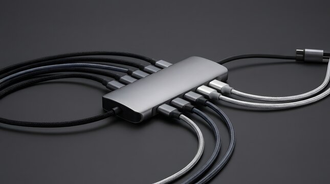 Modern metallic usb type c multiport hub adapter featuring multiple connected braided cables against a dark clean neutral gray background