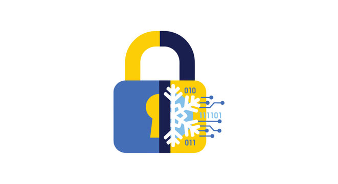 A secure digital padlock featuring a split design with a snowflake element and binary code elements on a clean white background in a flat vector graphic style.