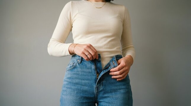 Woman struggling to zip up her tight blue jeans