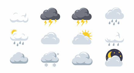 Obraz premium Set of flat weather icons featuring various cloud conditions and meteorological elements.