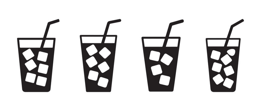 Four black and white glass icons with ice cubes and straws in a minimalist flat vector design style.